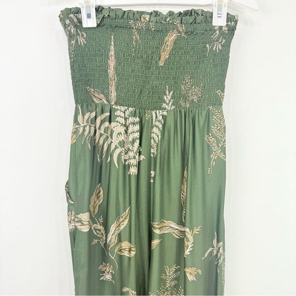 Anthropologie Olive Green Tropical Leaf Balloon Leg Smocked Sleeveless Jumper - Picture 12 of 16
